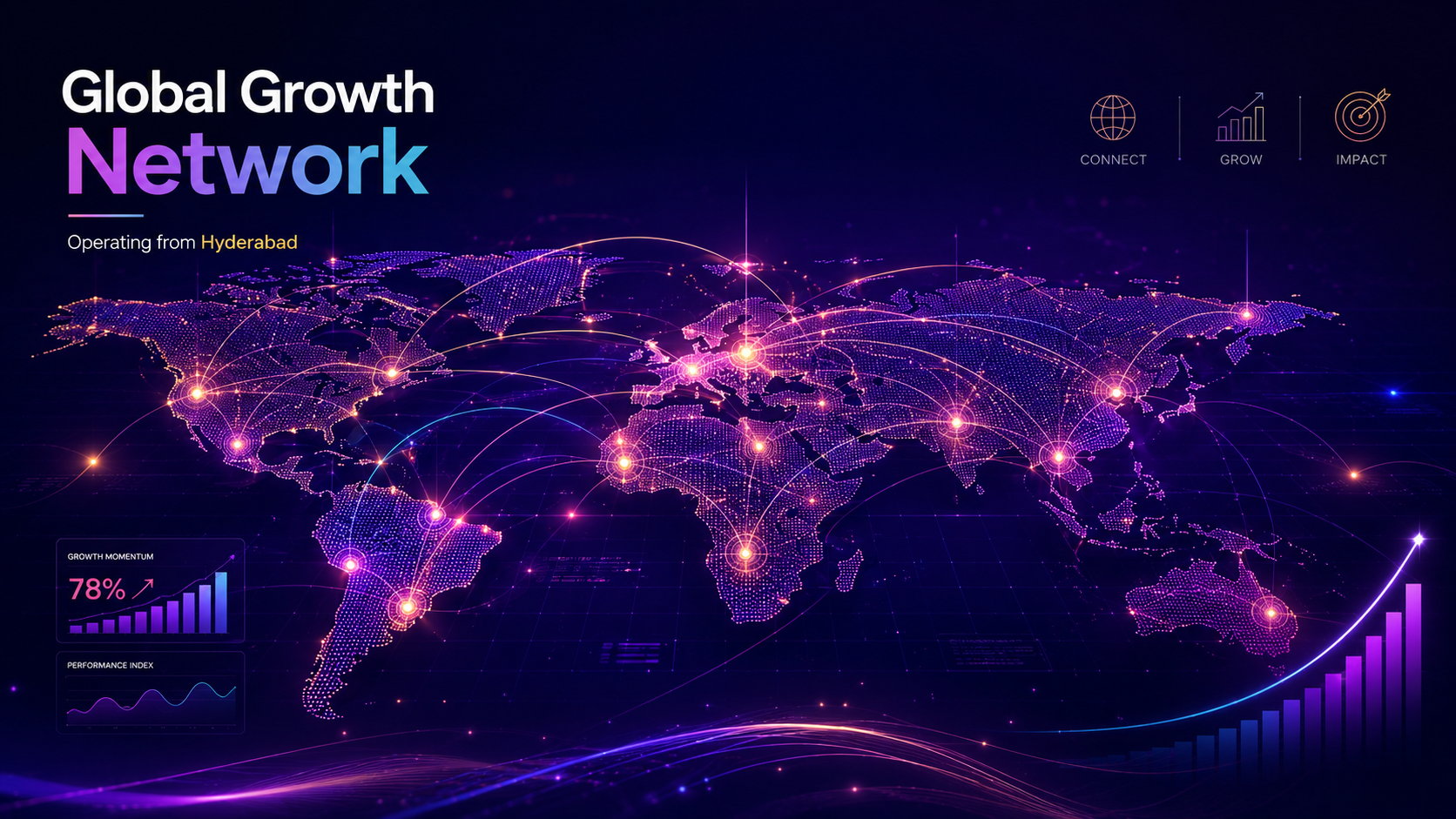 Global business growth network and worldwide digital marketing reach