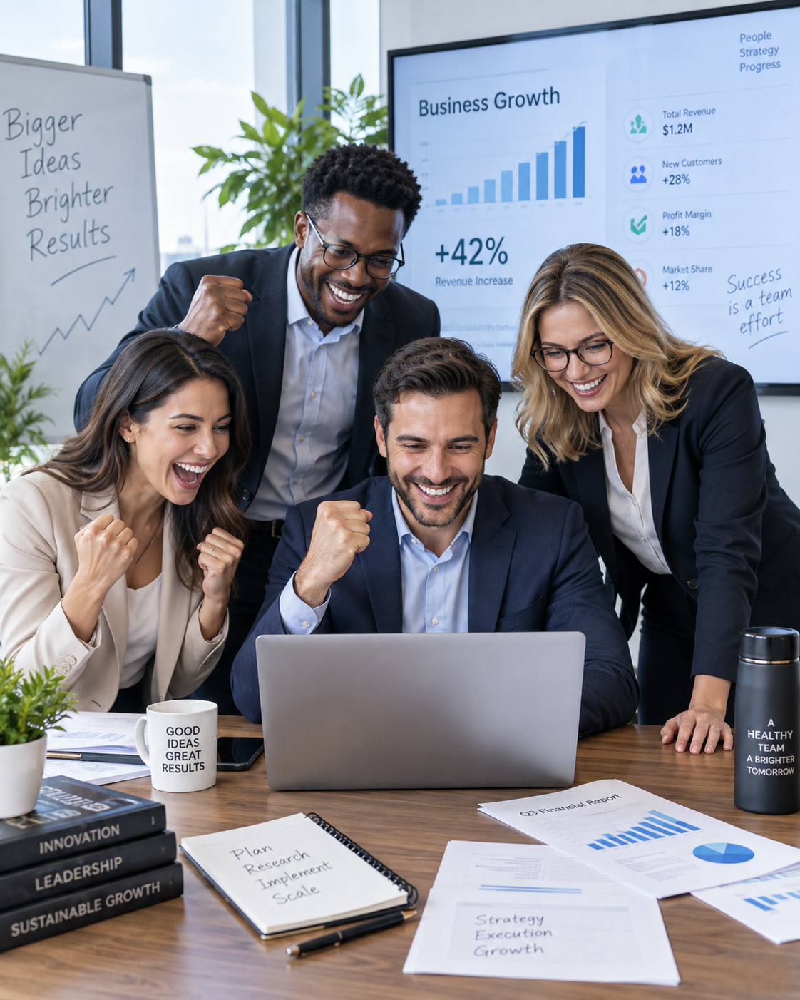 Business growth strategy workspace with analytics screens and an executive reviewing performance data