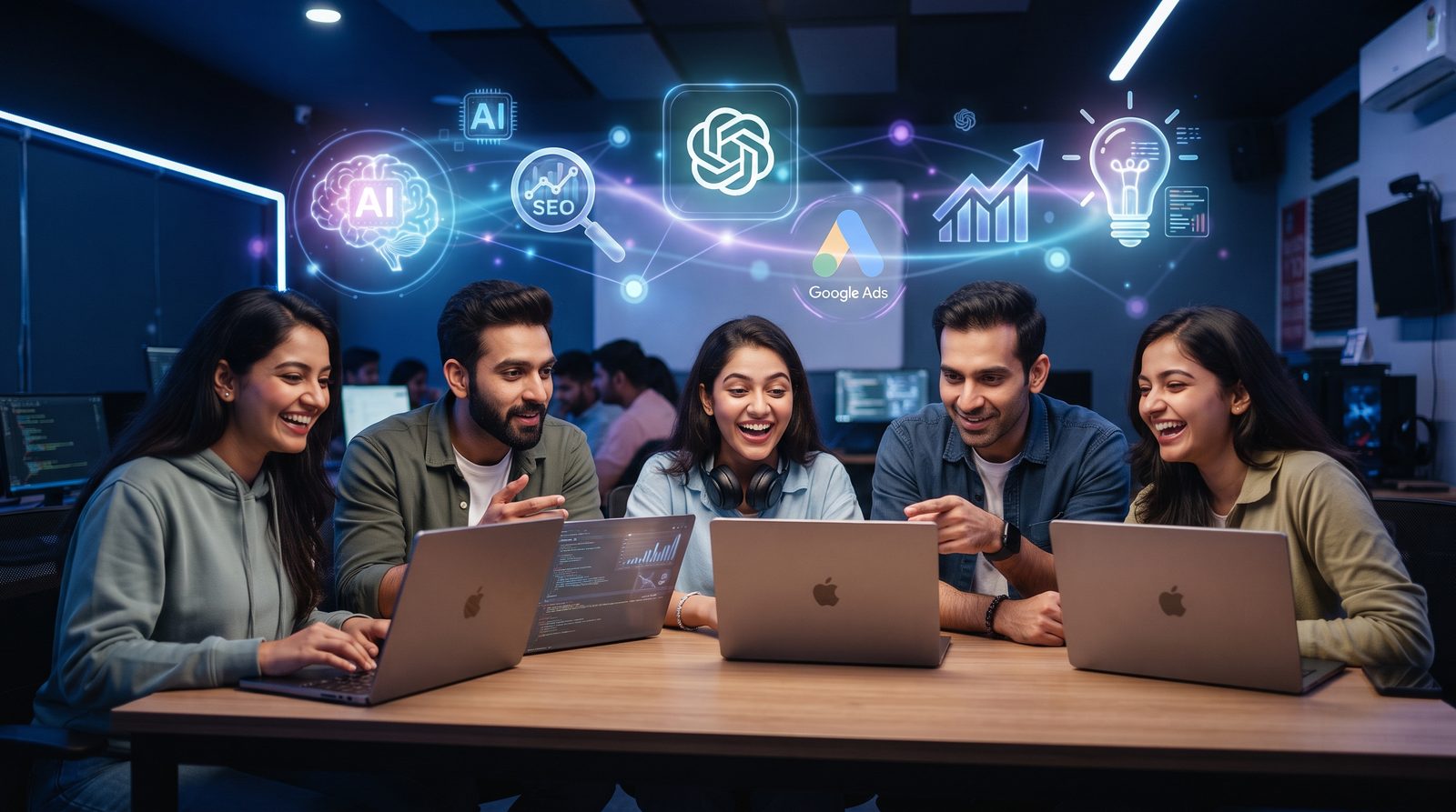 Students learning AI digital marketing, SEO, ChatGPT and Google Ads at DLG Academy