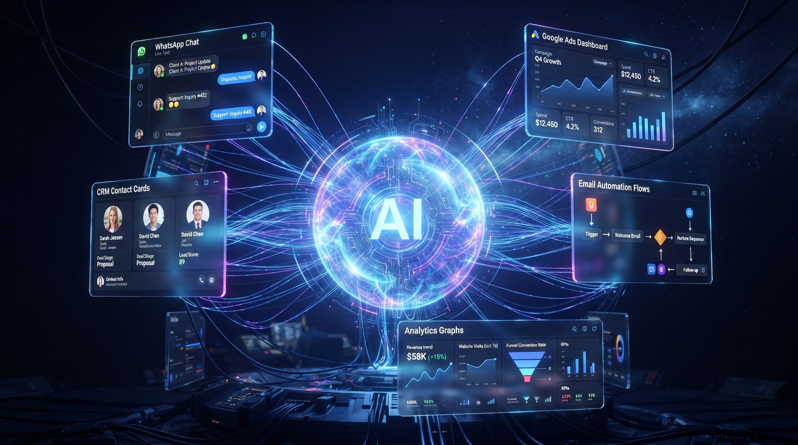 AI ecosystem connecting WhatsApp, Google Ads, CRM, email automation and analytics