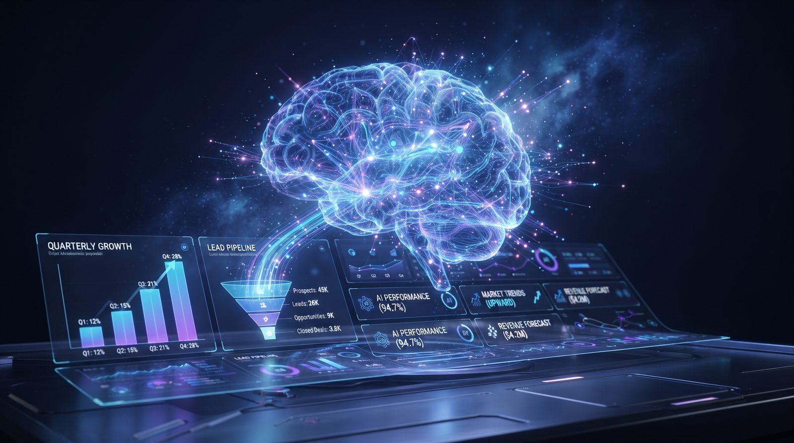 AI-powered growth engine — Digi Lead Galaxy holographic brain with business analytics