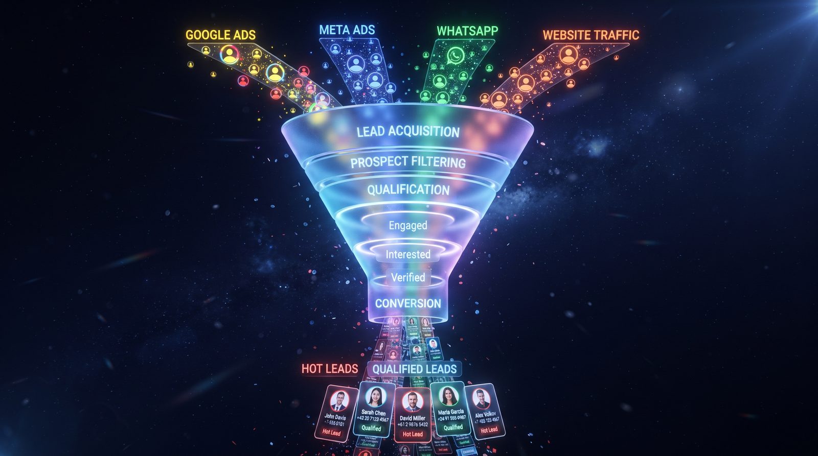 AI lead generation funnel with Google Ads, Meta Ads, WhatsApp and website traffic sources