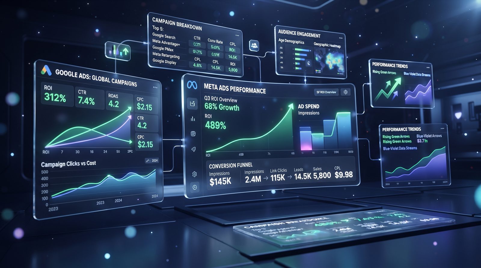 Performance marketing dashboard with Google Ads and Meta Ads ROI analytics