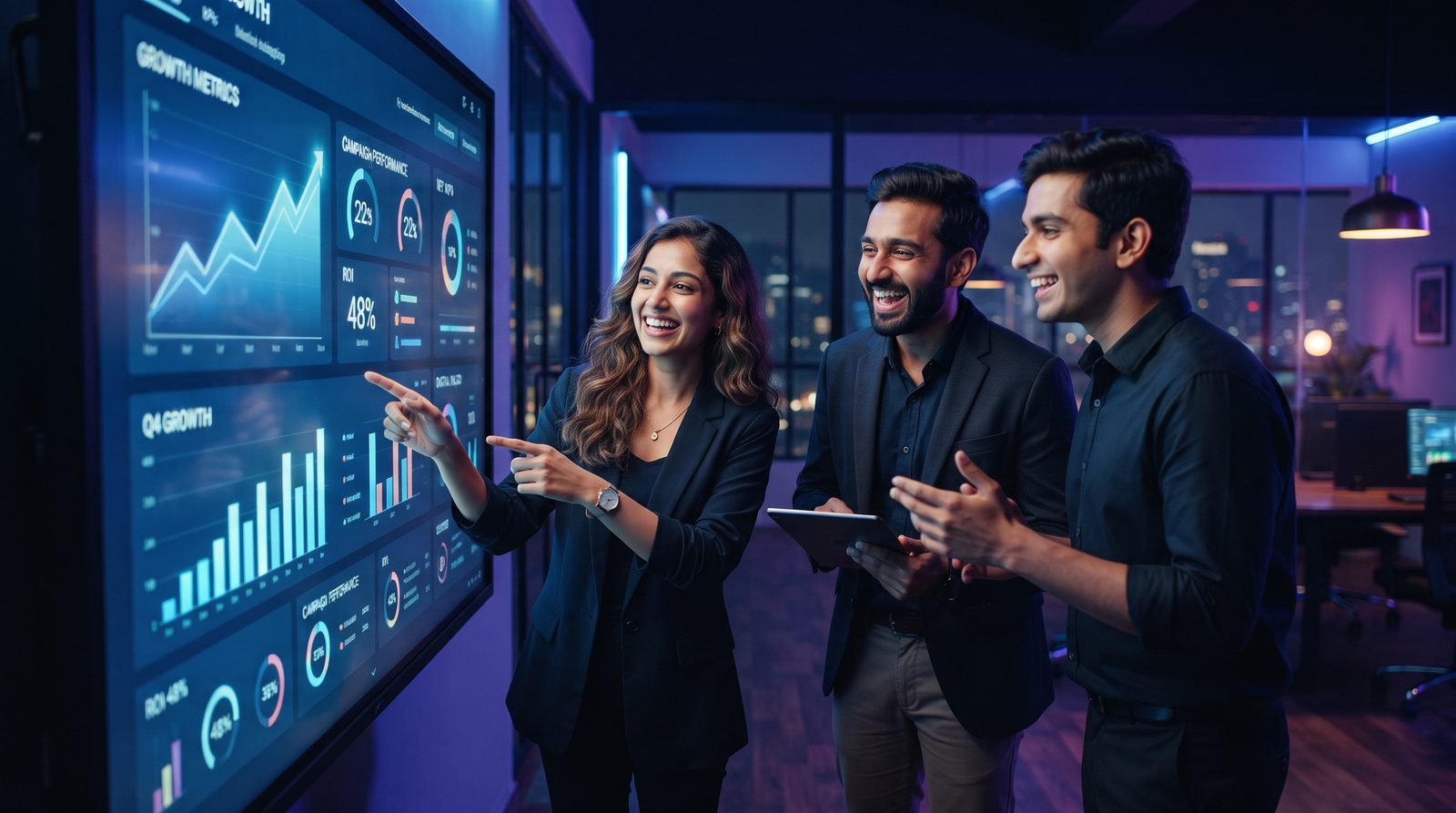 Digi Lead Galaxy team analyzing AI-powered growth dashboard for a client campaign